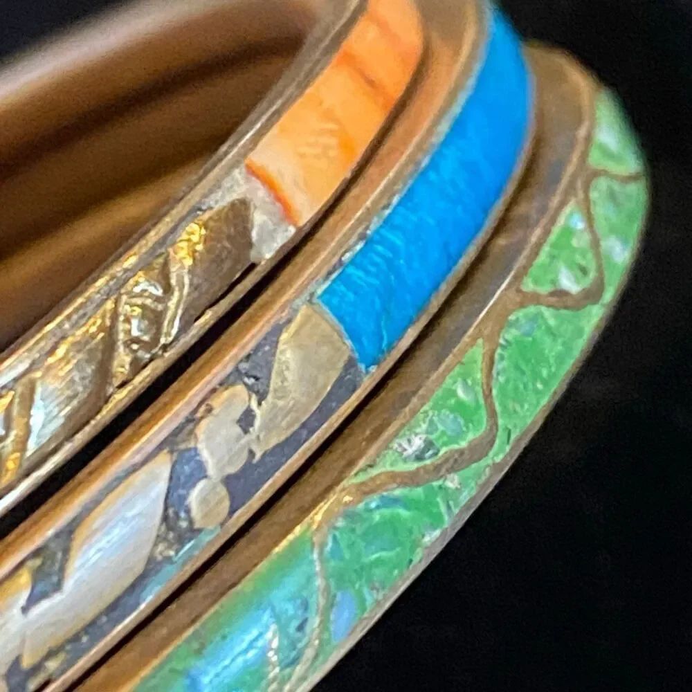 Colorful Antique Indian Brass Inlay Bangle Trio Art Deco Stacking Bangles